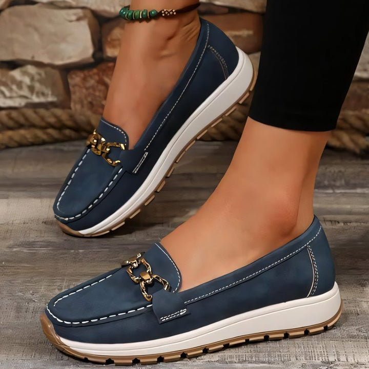 Soft women's orthopedic slip-on loafers, cushioned, with vital arch support for foot health.