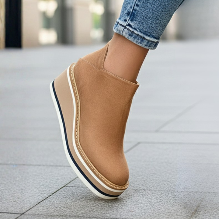 Beige women's orthopedic wedge heel ankle boots for maximum all-day comfort and stylish fall fashion.