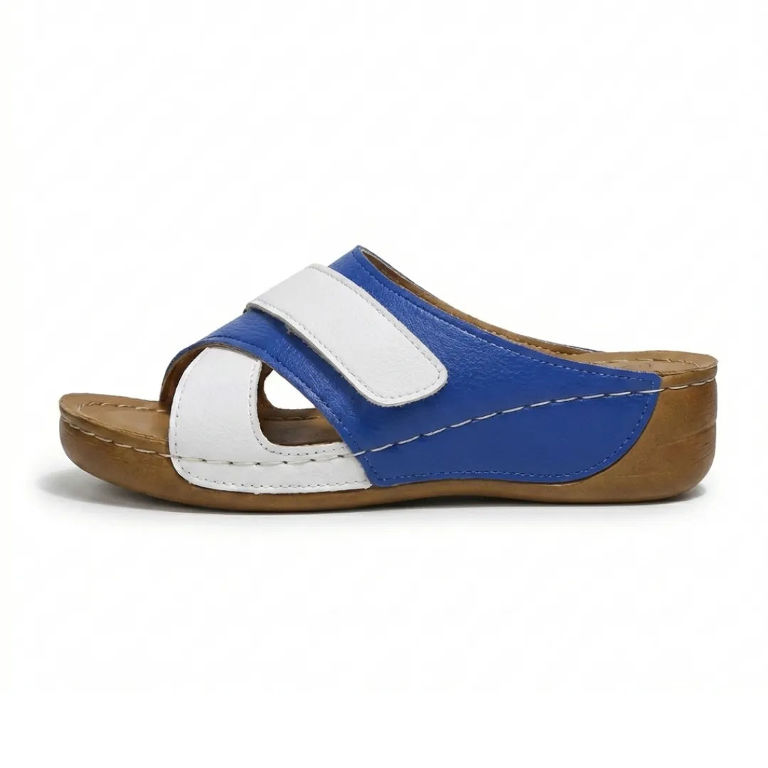 Side view of black women's orthopedic wedge sandals, highlighting the comfortable design.
