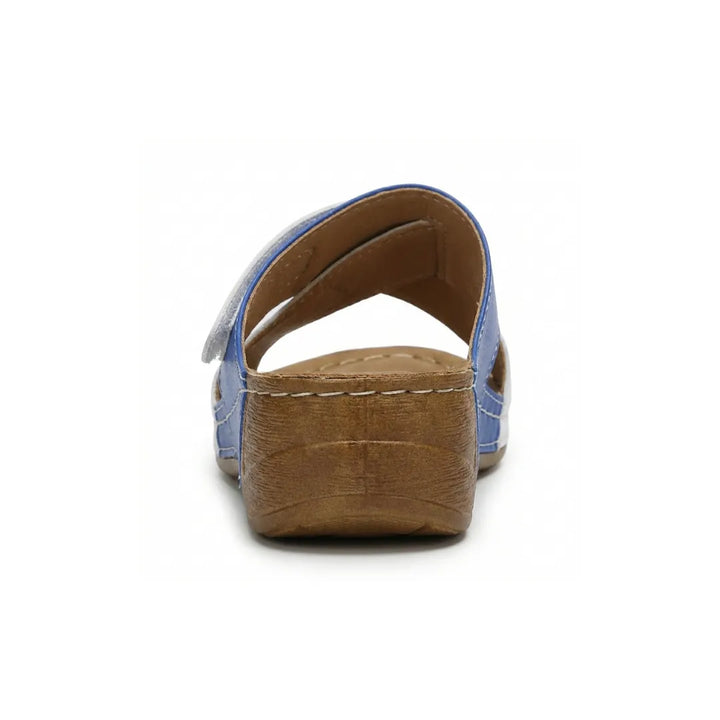Orthopedic women's sandals, brown leather look, providing cushioned comfort & foot alignment.