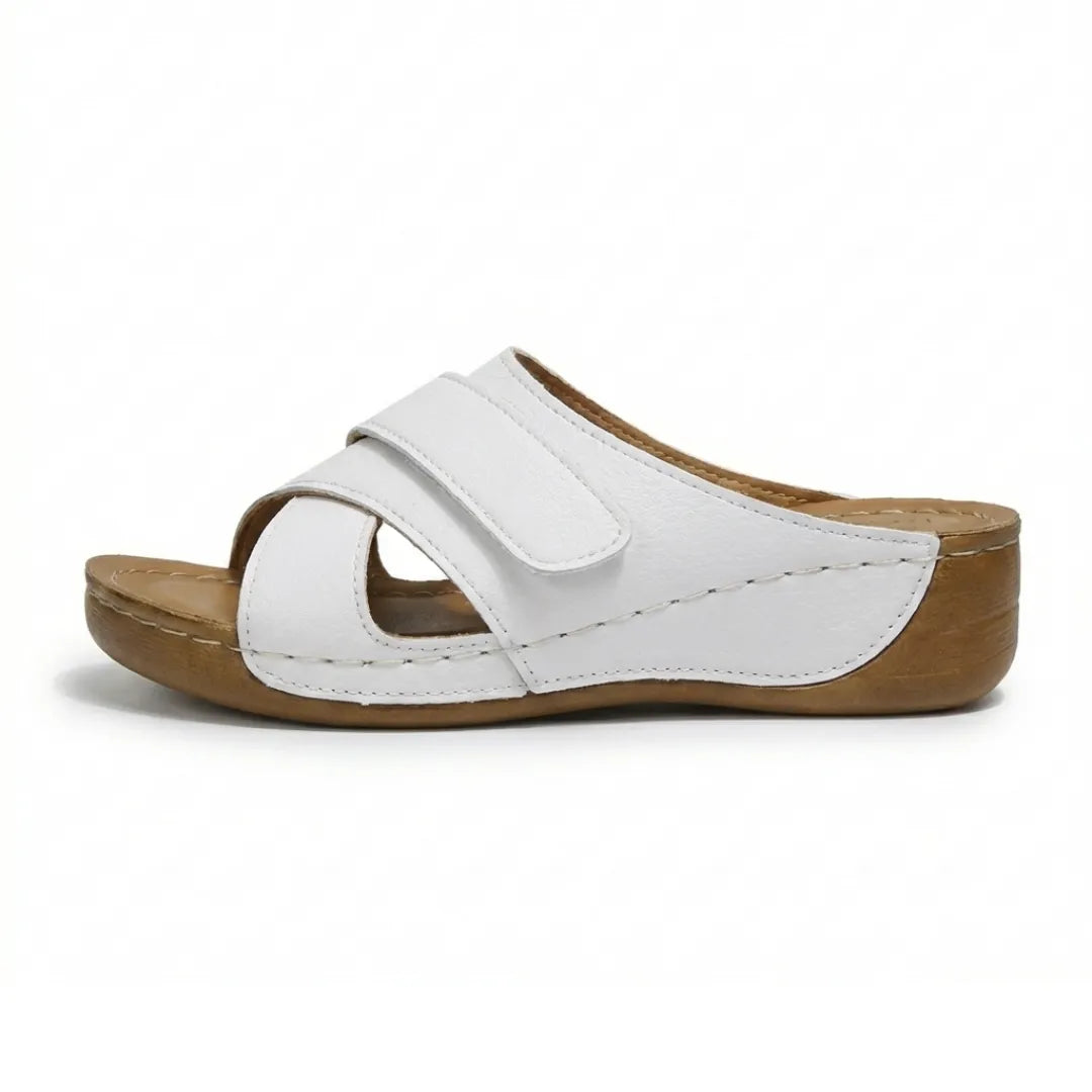 Durable women's wedge sandals, black, with adjustable straps for personalized orthopedic fit.