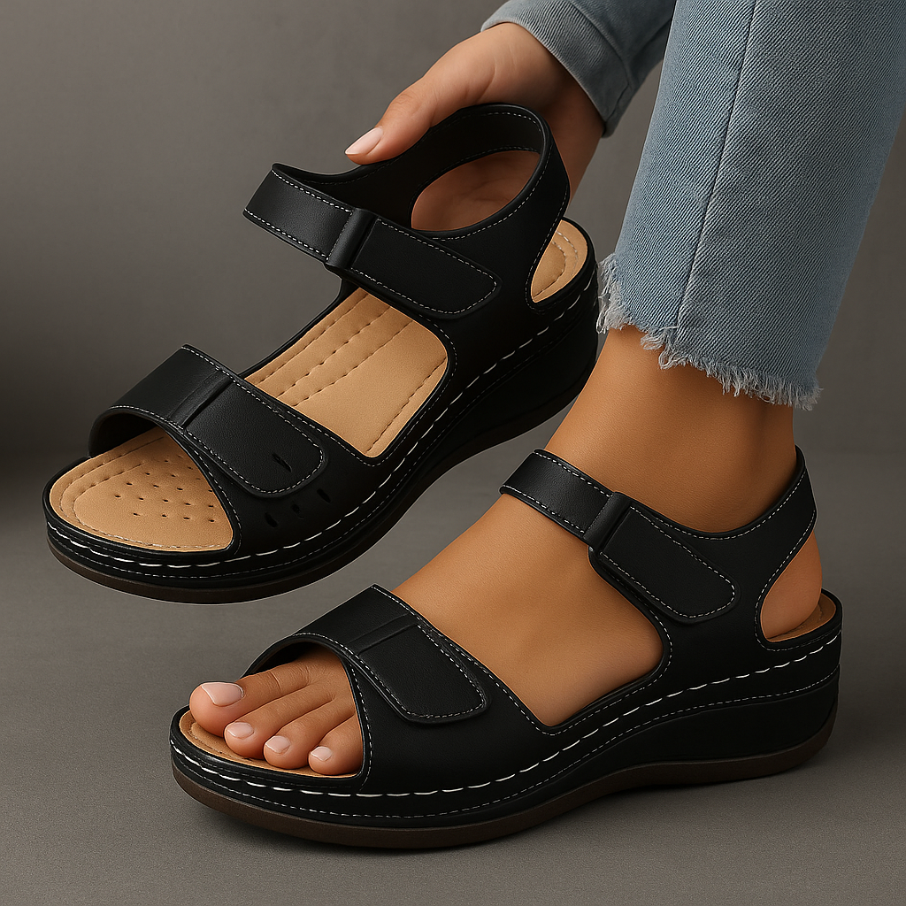 Women's wedge heel orthopedic sandals providing cushioned arch support and comfort for all-day wear.