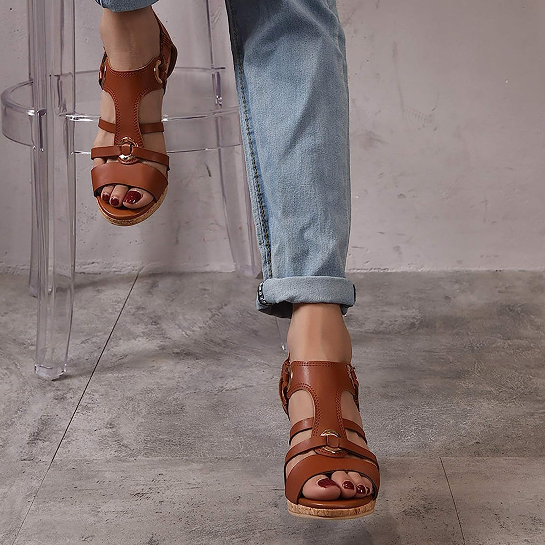 Top view of women's stylish orthopedic wedge sandals, emphasizing arch support for everyday comfort.