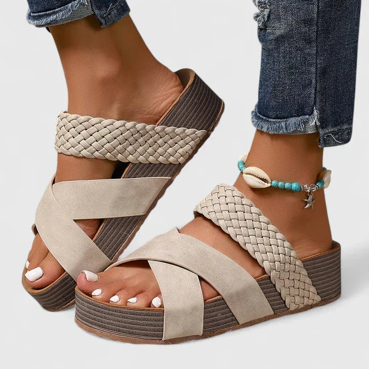 Comfortable women's open-toe orthopedic sandals, featuring arch support & a trendy wedge heel.