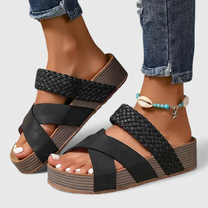 Casual women's wedge sandals with woven crossover straps, great for everyday summer comfort.