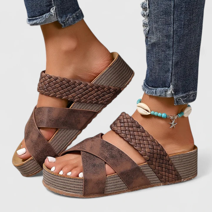 Comfortable women's platform wedge sandals with woven straps, offering orthopedic arch support for summer.