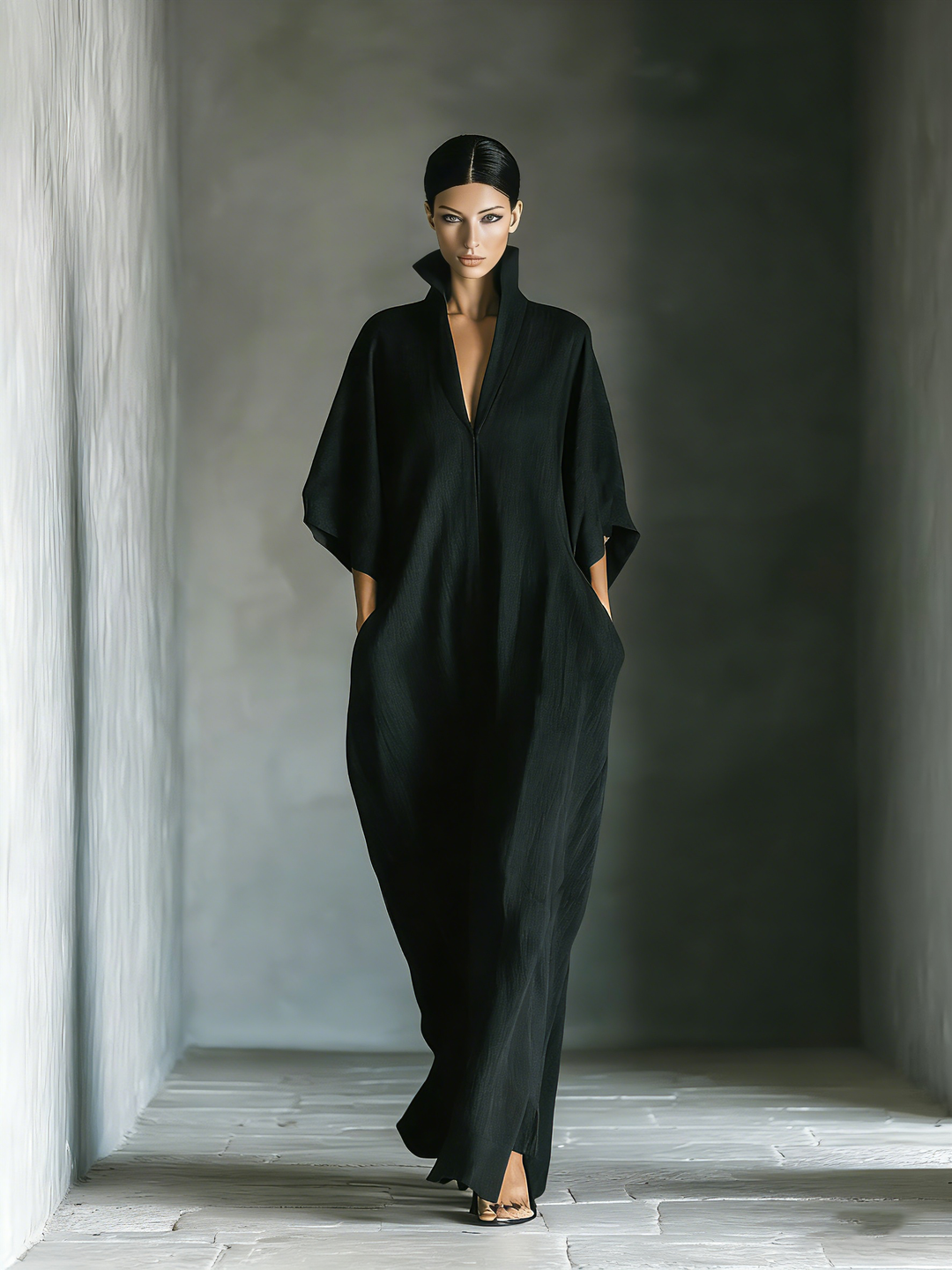 Stylish women's v-neck oversized maxi dress with kimono sleeves & pockets, perfect for spring or travel.