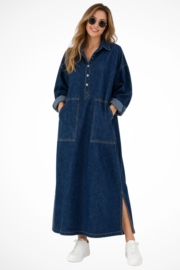 Women's oversized blue maxi shirt dress with pockets & long sleeves. Relaxed fit, casual style.