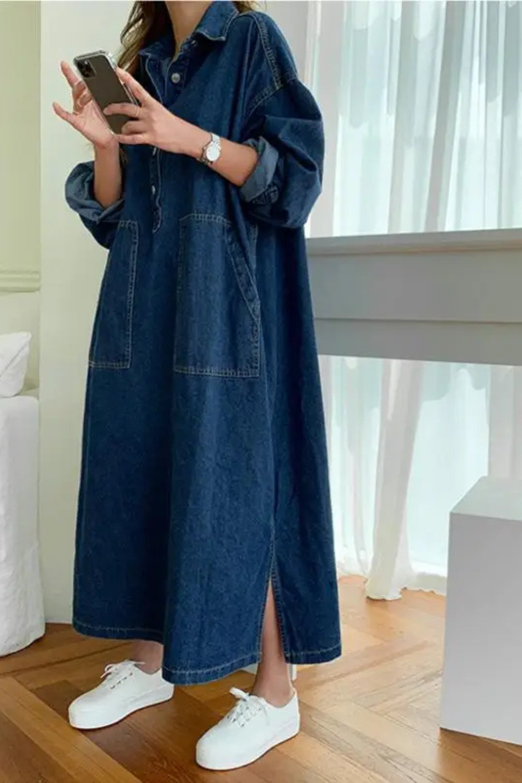 Versatile women's oversized blue maxi shirt dress. Perfect for spring/fall everyday wear. Button front, pockets.