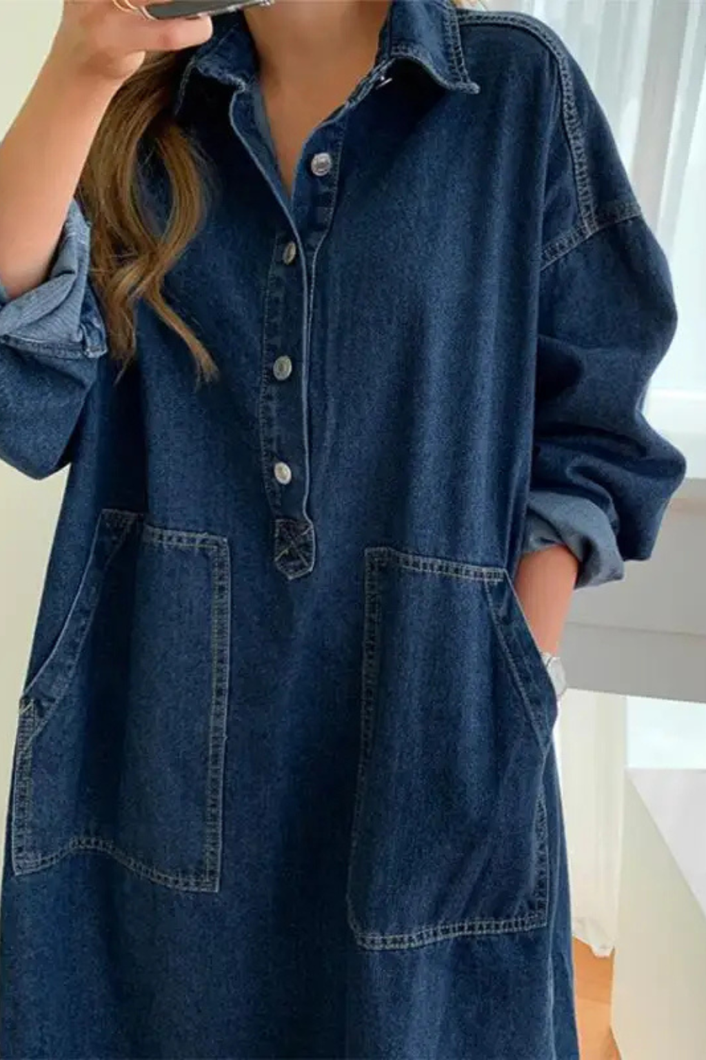 Women's long sleeve oversized blue maxi shirt dress. Button front & convenient side pockets. Casual, everyday fashion.