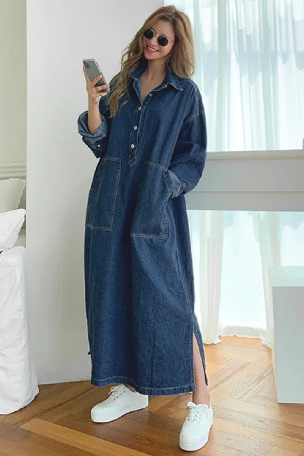 Women's casual oversized blue maxi shirt dress with pockets. Long sleeves & button front for versatile daily wear.