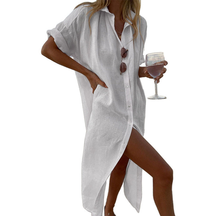 Women's oversized button-down shirt dress. Roll-sleeve beach cover-up, great for summer fashion & resort vacations.