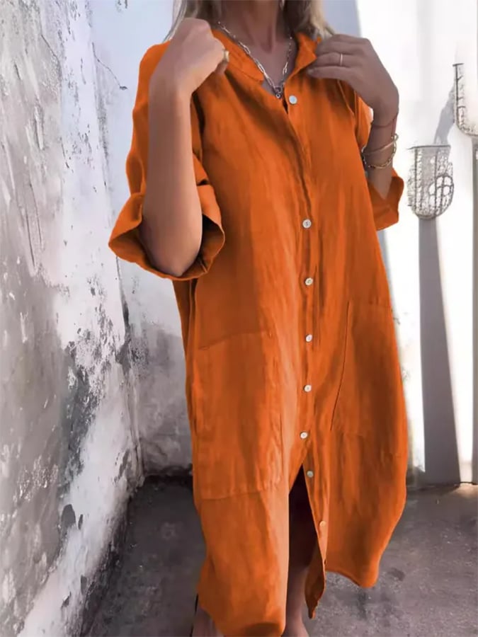 Comfortable women's oversized midi shirt dress with button-down front and pockets. Perfect for summer casual.