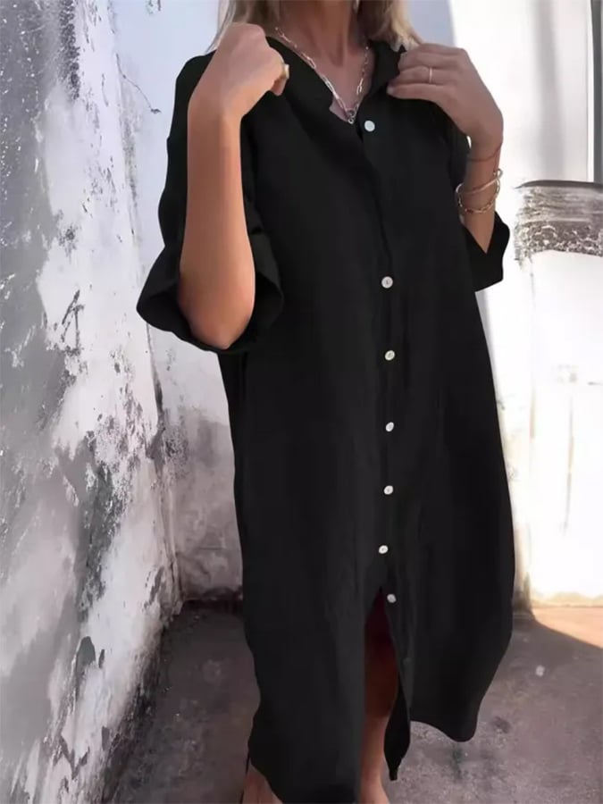 Relaxed fit women's oversized shirt dress. Button-down front & side pockets make this a comfy, casual summer midi.
