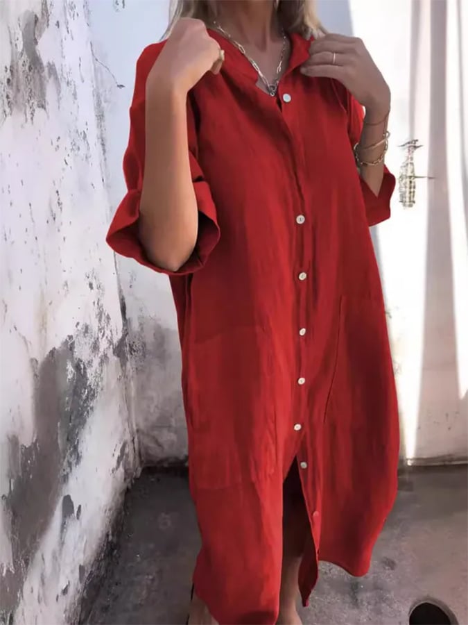 Women's casual oversized button-down shirt dress. Perfect as a resort wear midi or stylish beach cover-up with pockets.