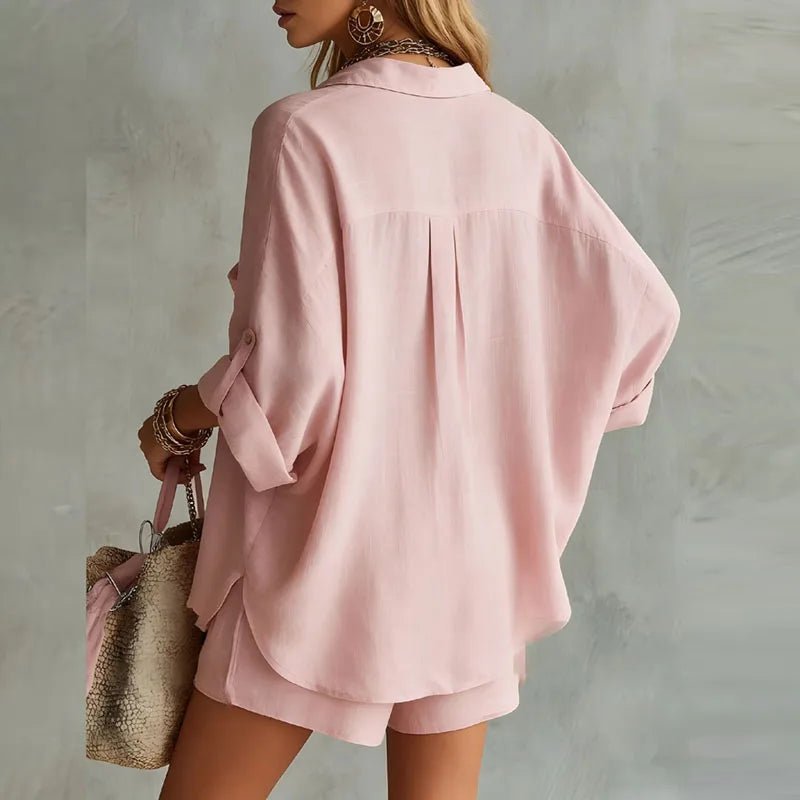 Longline oversized button-down shirt & matching shorts with elastic waist. Womens summer casual co-ord set.