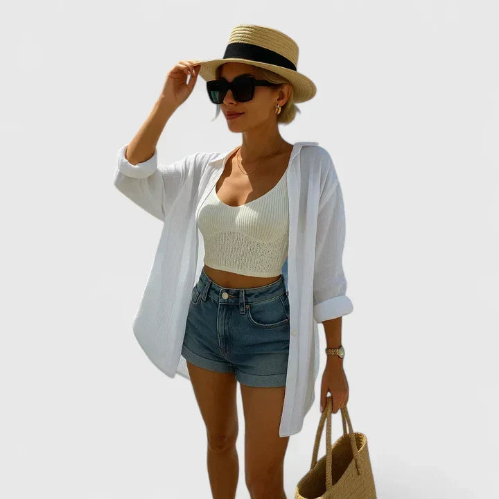 Women's oversized Evil Eye beach shirt, button-down, perfect as a stylish resort wear cover-up for summer.