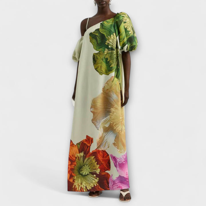 Chic women's off-shoulder floral maxi dress with puff sleeves. Flowy boho style, ideal for summer & vacations.