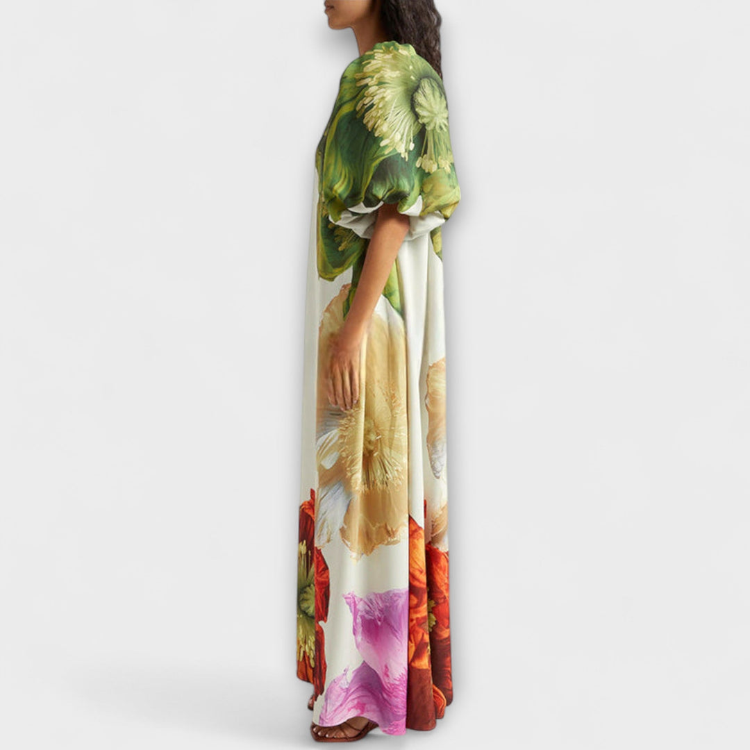 Stylish women's long floral off-shoulder maxi dress. Oversized fit with puff sleeves, great for summer statement wear.
