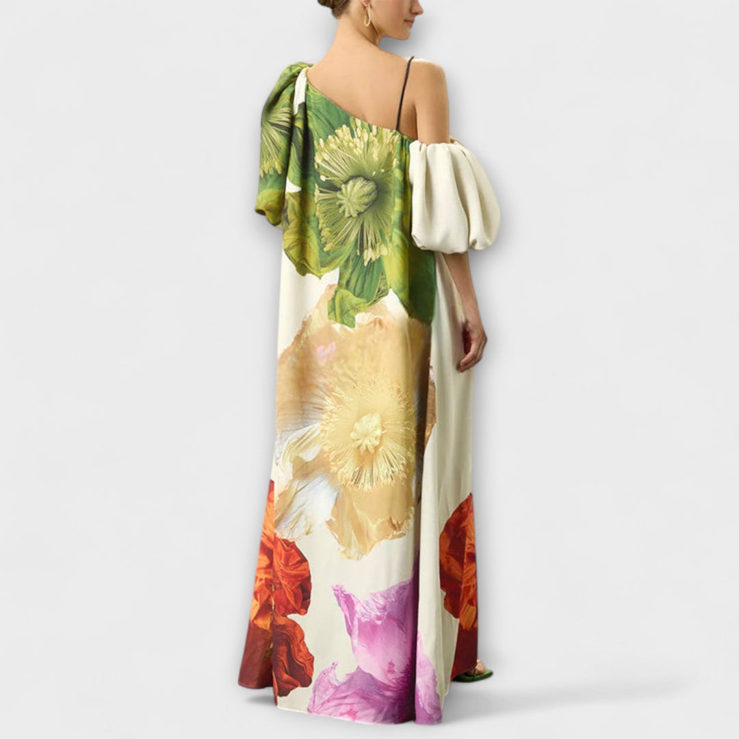 Comfortable flowy oversized floral off-shoulder maxi dress with puff sleeves. A perfect elegant summer vacation dress.
