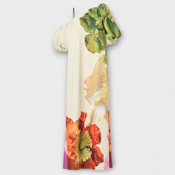 Boho-inspired women's floral off-shoulder maxi dress, oversized design with puff sleeves. Elegant and artistic for summer.