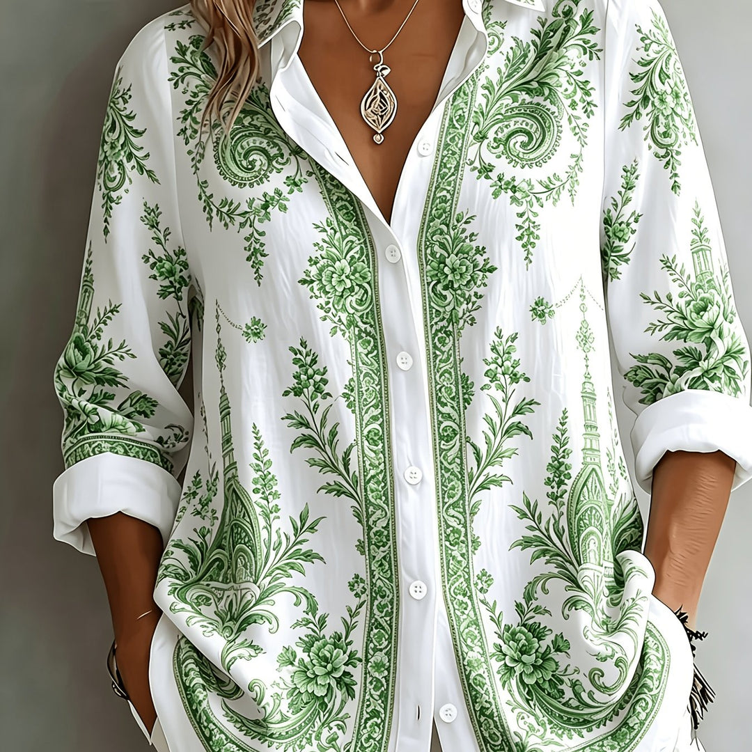 Lightweight women's oversized long sleeve floral paisley blouse. Great for breezy summer style and comfort.