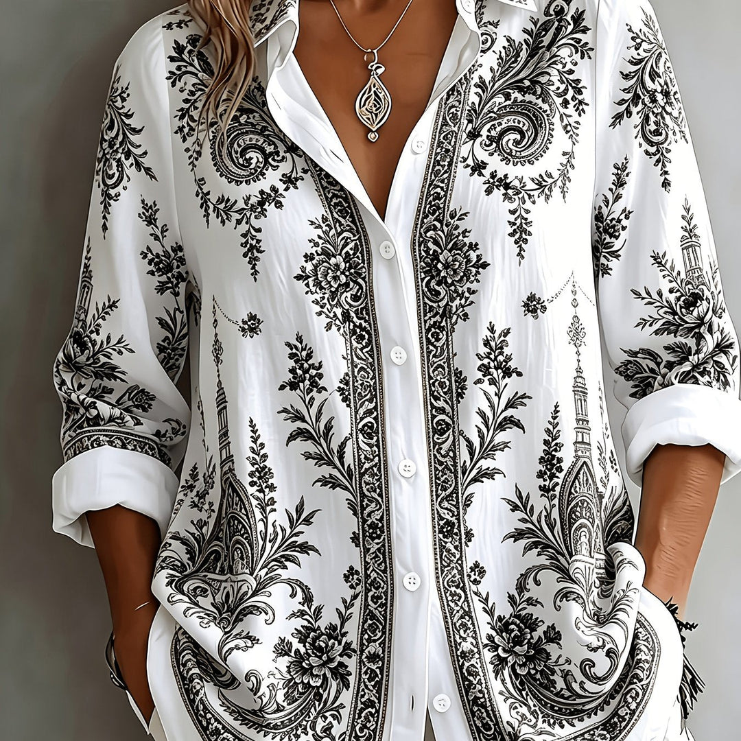 Spring/Summer chic: Women's floral paisley oversized long sleeve blouse, a trendy button-down casual top.