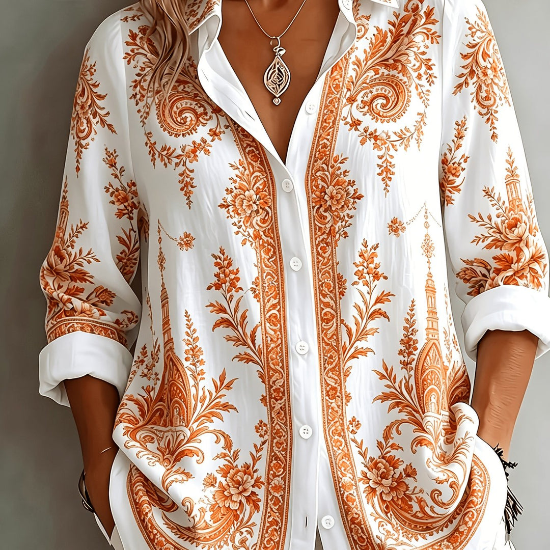Versatile women's floral paisley oversized long sleeve blouse; a stylish button-down for casual fashion.