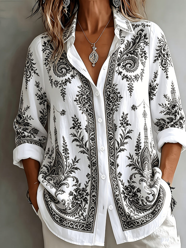 Relaxed fit women's floral paisley long sleeve top. An oversized button-down shirt for comfortable casual wear.