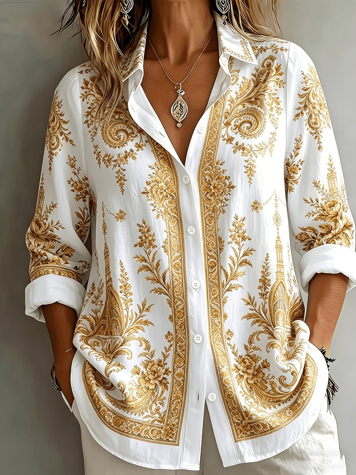 Chic women's floral paisley oversized long sleeve blouse. Ideal for stylish summer fashion and daily wear.