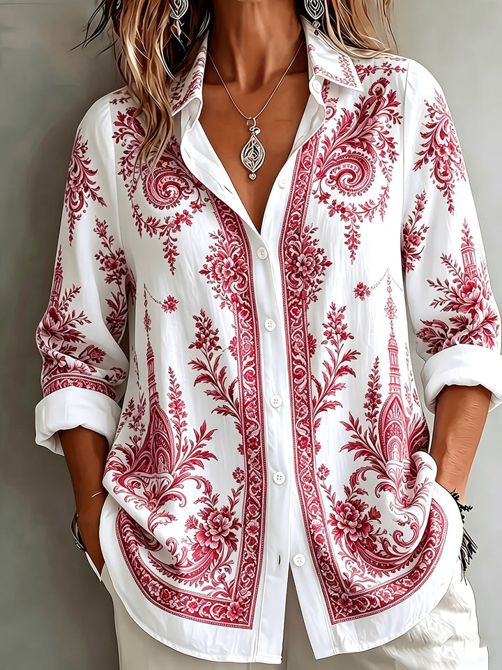 Loose fit women's floral paisley long sleeve top. A stylish button-down blouse for everyday chic fashion.