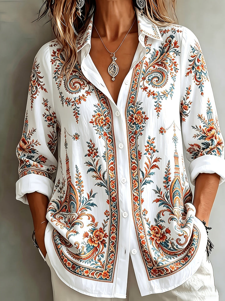 Front view: Women's oversized long sleeve floral paisley blouse, a trendy casual top. Great for summer.