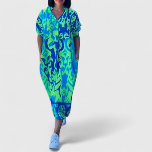 Flowy and comfortable women's abstract baroque print maxi dress with a stylish V-neck. Ideal for summer casual wear.