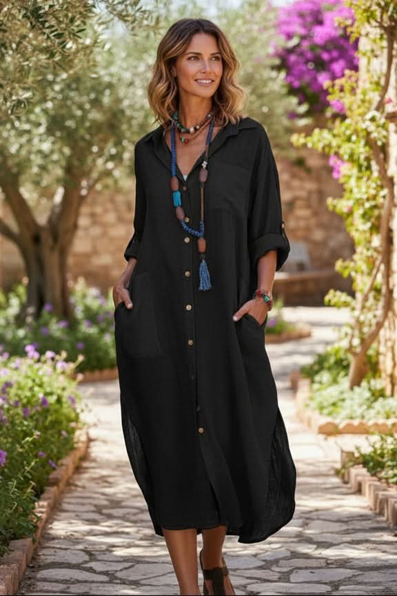 Versatile women's oversized midi shirt dress. Boho chic style, perfect for casual outings or evening wear.