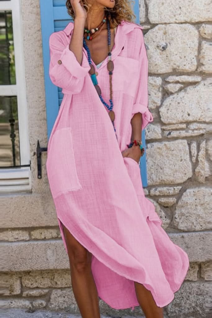 V-neck long sleeve oversized midi shirt dress, ideal for summer beach vacations & casual elegance.