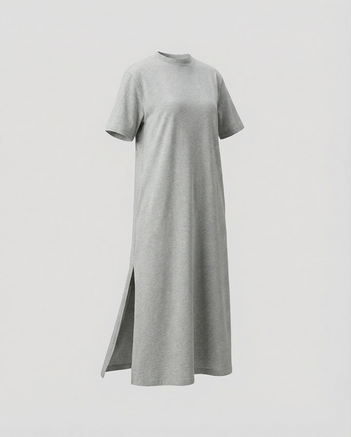 Loose-fit women's mock neck maxi dress featuring a chic side split, ideal for a relaxed yet sophisticated look.