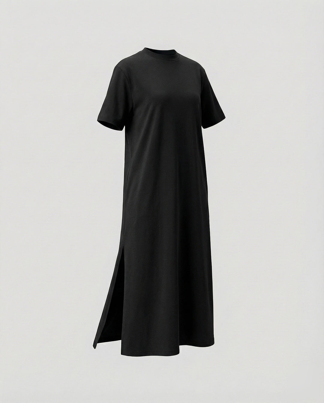 Comfortable women's mock neck maxi dress, oversized with a flattering side split, perfect for everyday casual elegance.