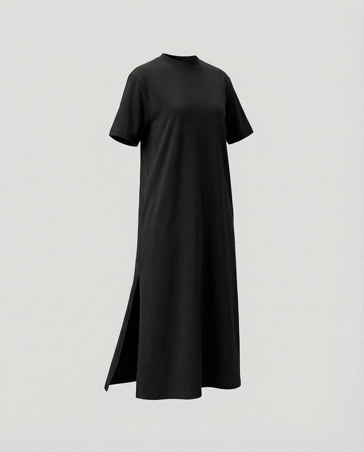 Comfortable women's mock neck maxi dress, oversized with a flattering side split, perfect for everyday casual elegance.