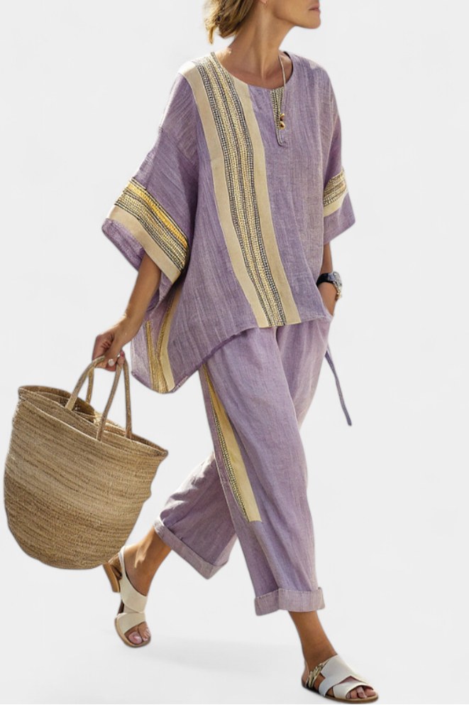 Women's oversized two-piece set with embroidered details & stripe trim. Perfect for casual summer fashion.