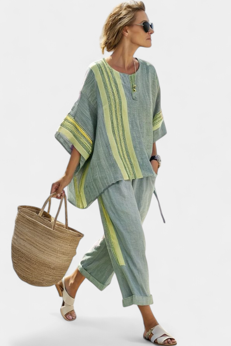 Relaxed women's summer fashion set, oversized, featuring delicate embroidery & bold stripe detailing.