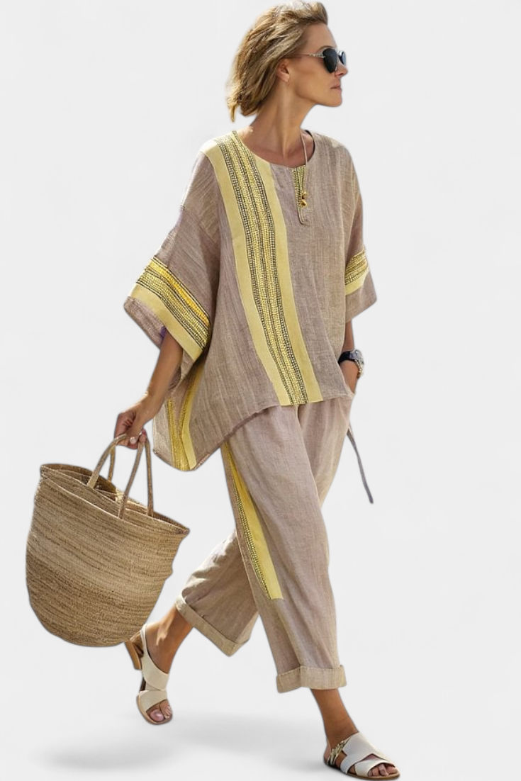 Versatile women's oversized casual outfit, two-piece, with beautiful embroidery & stripe trim.