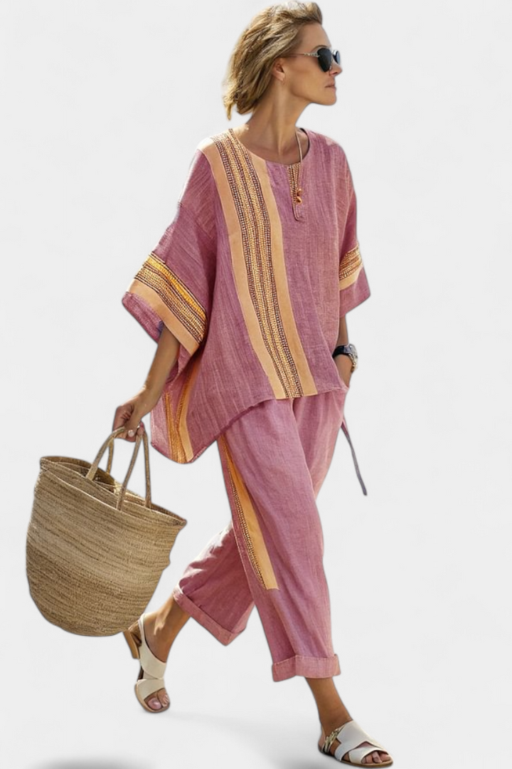 Trendy women's embroidered stripe oversized set, ideal for relaxed daywear or vacation.