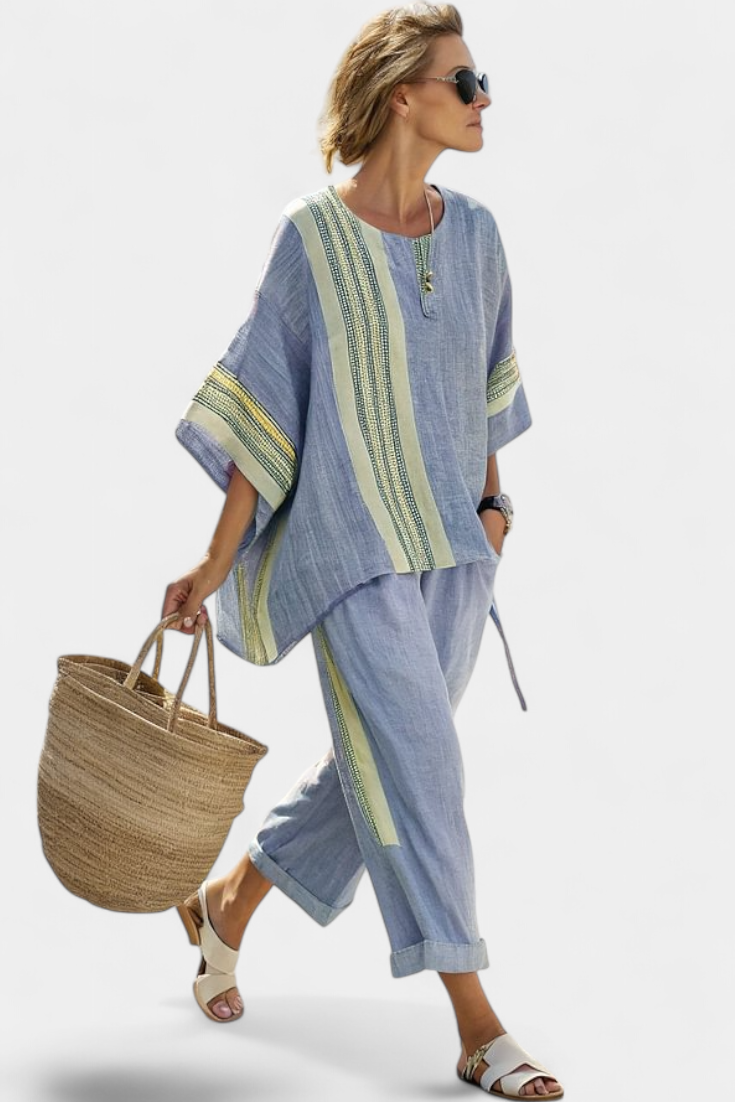 Chic women's two-piece set, oversized, with embroidered accents & distinctive stripe trim.