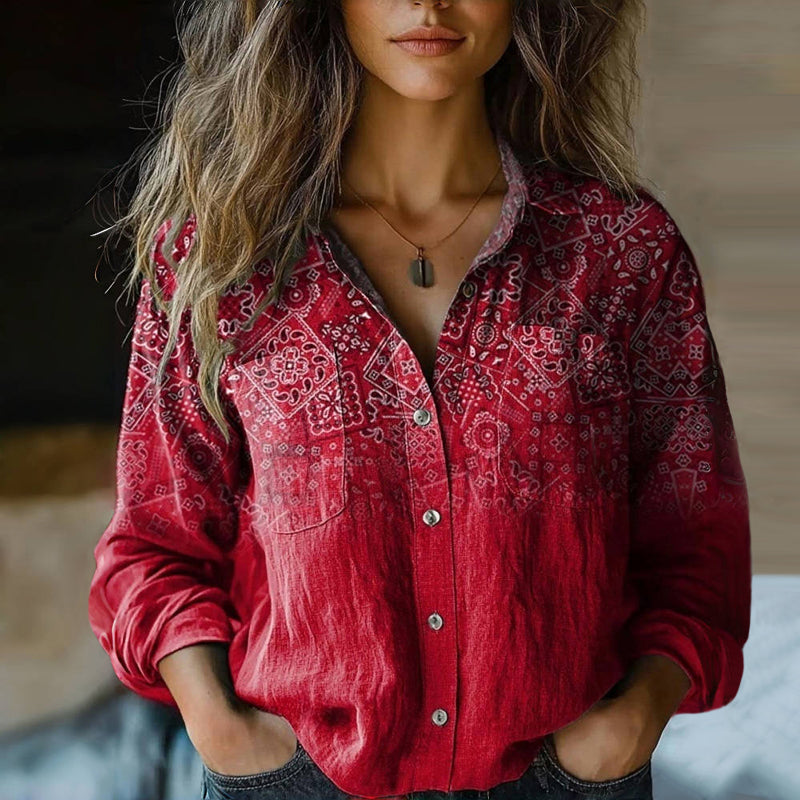 Women's paisley bandana print long sleeve boho blouse. Vintage inspired button-down top for casual or festival wear.