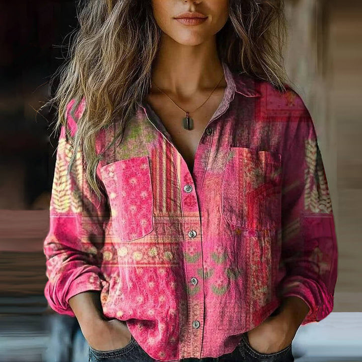 Casual women's paisley bandana print long sleeve blouse. Bohemian button-down top, ideal for festivals & western looks.