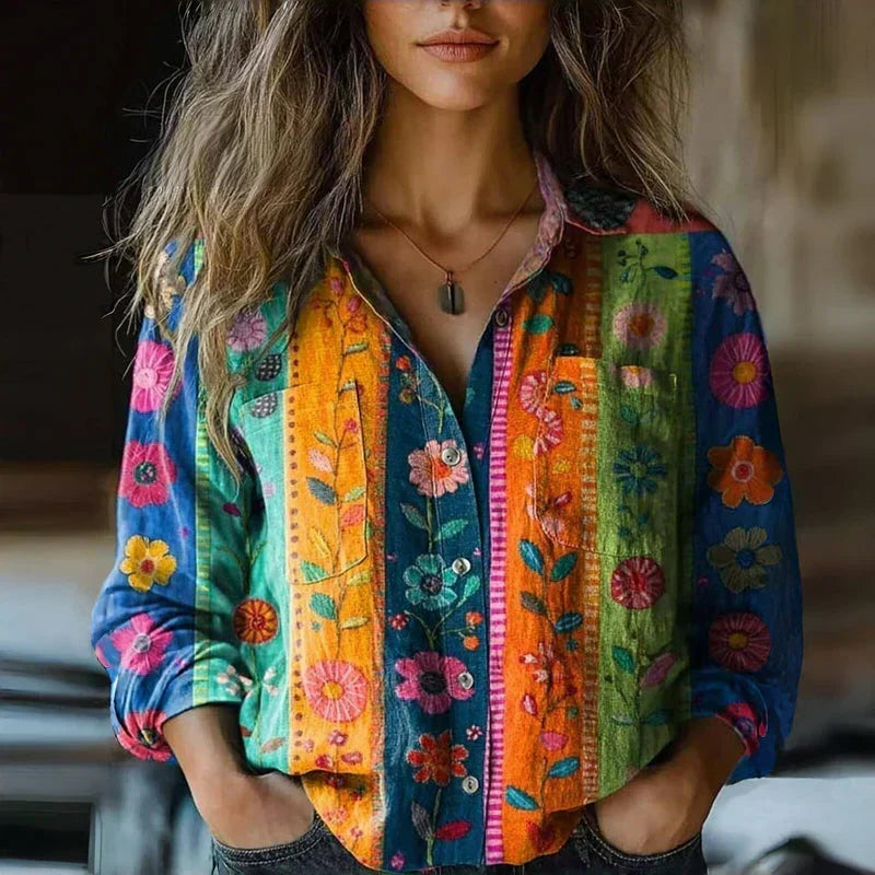 Unique women's paisley bandana print long sleeve boho blouse. Versatile vintage-inspired top for daily wear or festivals.