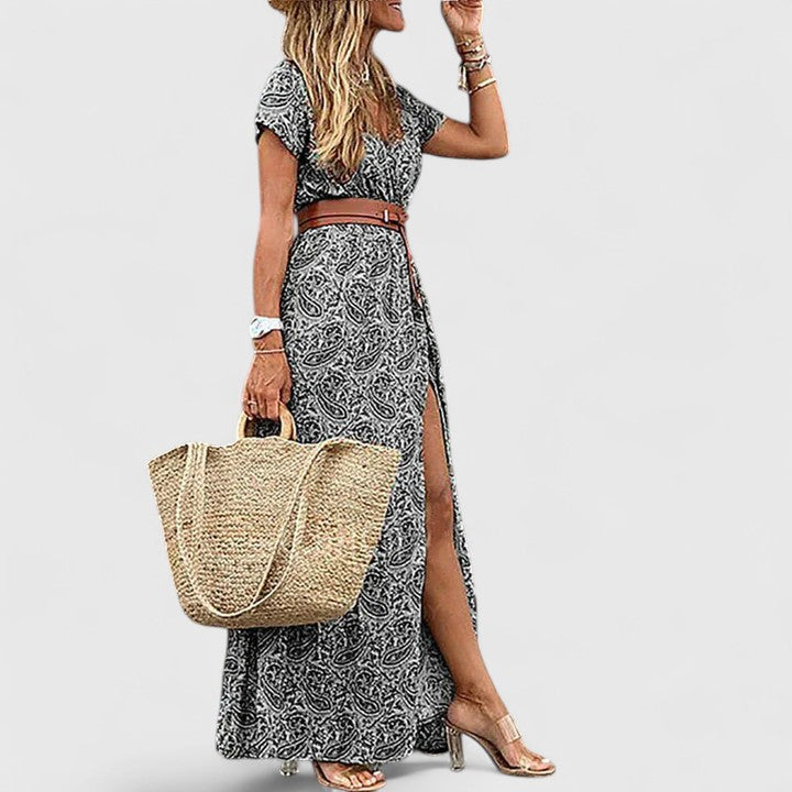 Versatile women's V-neck short sleeve paisley maxi dress with belt. Great for summer, beach, or casual elegant events.