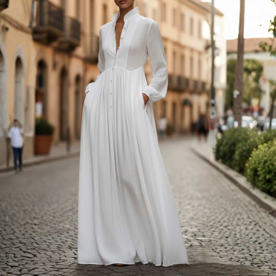 Women's patchwork high neck long sleeve maxi dress for elegant fall fashion or modest daily wear.