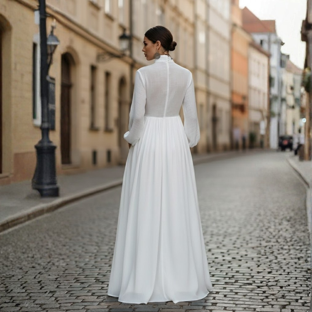 Women's long sleeve patchwork high neck maxi dress, ideal for modest autumn and spring casual fashion.