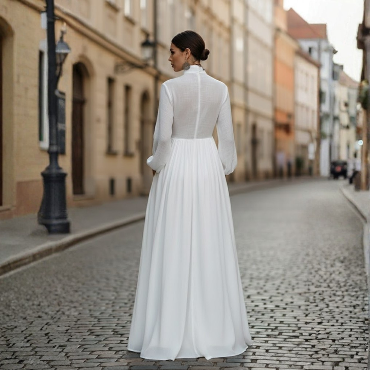 Women's long sleeve patchwork high neck maxi dress, ideal for modest autumn and spring casual fashion.